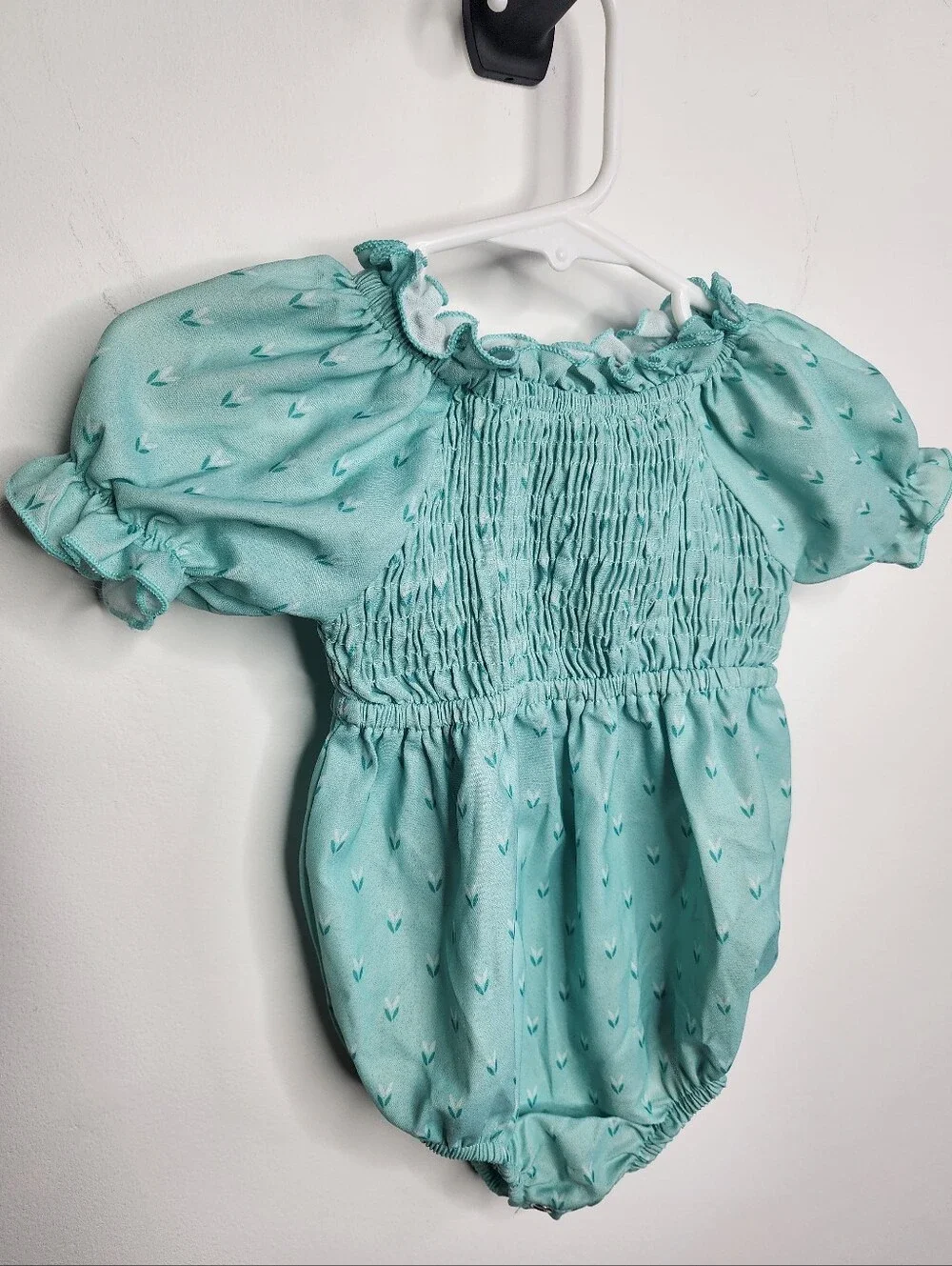 Smocked Puff Sleeve Baby Romper in Mint Green, Size 9-12m